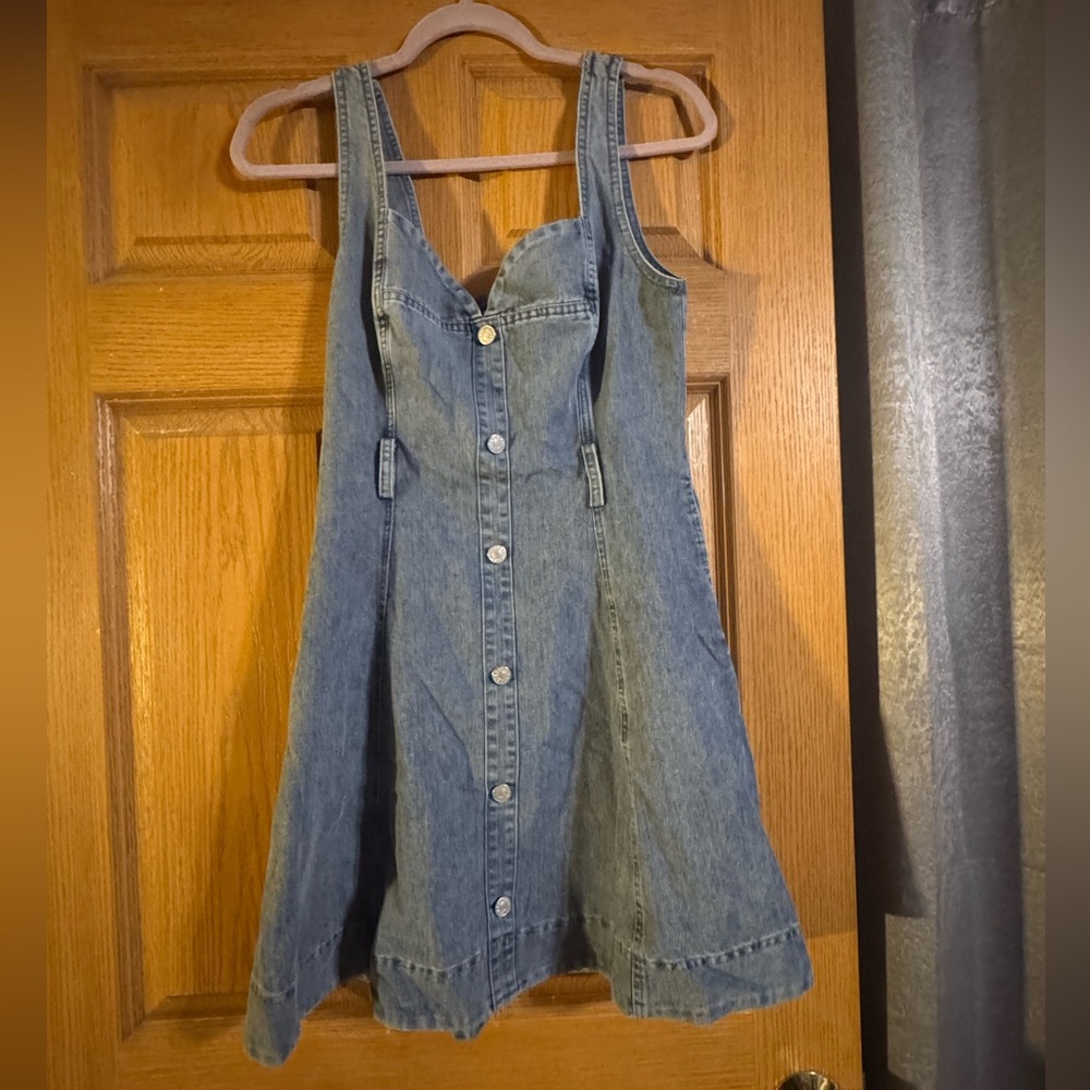 En Creme Denim Button-Front Skirt Dress - Blue